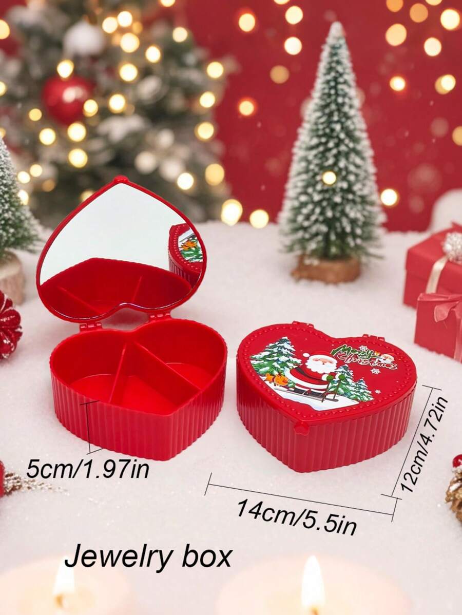 صندوق مجوهرات قلب أحمر بشكل قلب مصنوع من البلاستيك بنقوش عيد الميلاد، مناسب لتخزين وعرض المجوهرات، مناسب لتعبئة مستحضرات التجميل، صندوق هدايا عيد الميلاد.