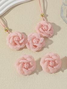 3 件套手工花卉围兜项链和耳环套装，波西米亚风复古优雅多巴胺花朵项链吊坠和耳环首饰套装，适合日常、节日、派对、婚礼、伴娘、音乐节 - 粉色 - 查看 2