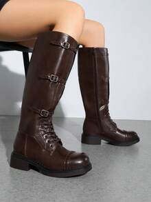 Women's Motorcycle Boots Side Zipper Knee High Boots Square Toe Chunky Low Heel Buckle Decorated Straps Fashion Retro Riding Boots - 棕色 - 查看 3