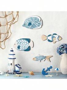 4 Peças Conjunto de Decoração de Parede de Peixes de Madeira, Decoração Costeira, Decoração Náutica Suspensa de Madeira, Decoração de Parede Suspensa para Banheiro, Decoração de Ambiente, Decoração de Verão para Casa, Praia