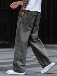 宽松直筒百搭时尚牛仔裤，水洗棉休闲直筒松紧腰牛仔裤，男士，情侣款礼物 - 灰色 - 查看 2