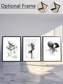 3Pcs/Set, Optional Frame, High Quality Print Painting, Modern Style, Ink Painting Style, Characters, Flowers, Black, White And Gray Tones, Simple Art, Wall Art Poster, Home Decoration, Decorative Painting, Suitable For Living Room, Sofa, Bed, Hallway, Bedroom, Bathroom, Office, Perfect Art Gift