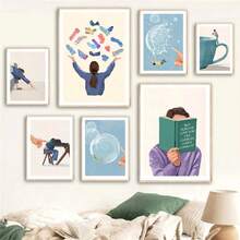 1pc Quà tặng hiện đại tối giản cuộc sống hàng ngày nghệ thuật treo tường vải canvas cô gái đọc sách áp phích bóng bay in cốc hình ảnh trừu tượng cho trang trí phòng khách khung tùy chọn - Nhiều màu - Xem 2