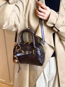 复古咖啡棕色顶部手柄女士保龄球包，全新肩带设计，小巧休闲斜挎包，带结饰，可装手机和零钱包，情人节礼物