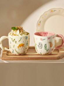 Valentinstags-Geschenke: 300ml natürliche Blumen Keramiktasse, handbemalte Tier Frühstückstasse, Paar Cartoon Gewebemuster Kaffeetassen-Set, Büro Zuhause Latte Kunst Tasse