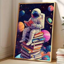1pc Astronaut Sitting On Book Space Themed Canvas Print Poster, Modern Wall Art Decor, Painting Suitable For Home, Bedroom, Living Room, Kitchen, Bathroom, Office, Home Decor, Dorm Room, Bedroom Decor, Wall Decor, Classroom Decor