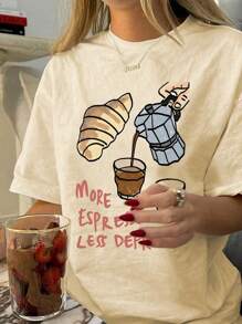 Blusa de verano para mujer, con estampado de café, estampado de pan, estampado de dibujos animados lindos, ropa de verano holgada para mujer, blusa de manga corta de verano para mujer, vestido de verano, camiseta de vacaciones, camiseta diaria, cuello redondo de manga corta, adecuada para todas las estaciones