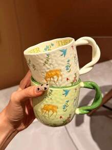 Valentinstags-Geschenke: 300ml natürliche Blumen Keramiktasse, handbemalte Tier Frühstückstasse, Paar Cartoon Gewebemuster Kaffeetassen-Set, Büro Zuhause Latte Kunst Tasse
