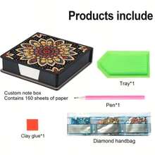 DIY 5D 钻石画套装 - 曼陀罗图案笔记本便签盒 - 独特的手工礼物，钻石艺术套装，不对称圆形，适合办公室和家庭书桌的独特手工礼物 - 彩色 - 查看 4