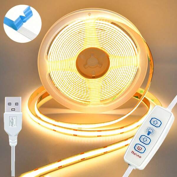 Tira de luz LED COB dimerizadora USB de 5V flexible con cinta de diodos, con cable de 3 teclas, blanca, de 1/2/3/5M, iluminación blanca cálida para decoración interior del hogar y el gabinete