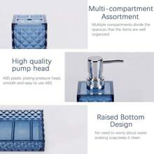 4 pezzi Set di accessori da bagno eleganti blu geometrici - Comprende dispenser per sapone, porta spazzolino, bicchiere per spazzolino, bottiglia per lozione e scatola colorata - Perfetto come regalo di inaugurazione della casa, set di decorazione per il bagno | Decorazione bagno moderna | Organizer da bagno con finitura lucida in scatola regalo