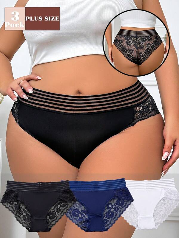 3pcs Plus Size Women Lace Briefs, Comfortable Breathable Full Coverage, Suitable For Home, Party, Wedding