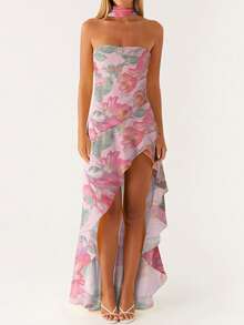Women Casual Tube Dress Summer Solid Color/Floral Print High Low Ruffles Dress With Scarf For Cocktail Streetwear - 紫羅蘭色 - 查看 1