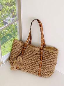 Fashion Large Capacity Woven Tassel Tote Bag, New Beach Vacation One Shoulder Underarm Straw Bag