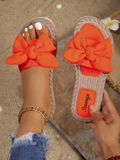 Women's Bow Decor Flat Sandals, Round Toe Slip-On Summer Shoes, Lightweight Women Beach Slippers, Comfortable & Fashionable Ladies Flip Flops