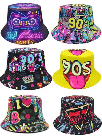 Retro 90s Graffiti Print Bucket Hat, Unisex Street Hip Hop Lightweight Reversible Bucket Hat, Suitable For Parties And Events