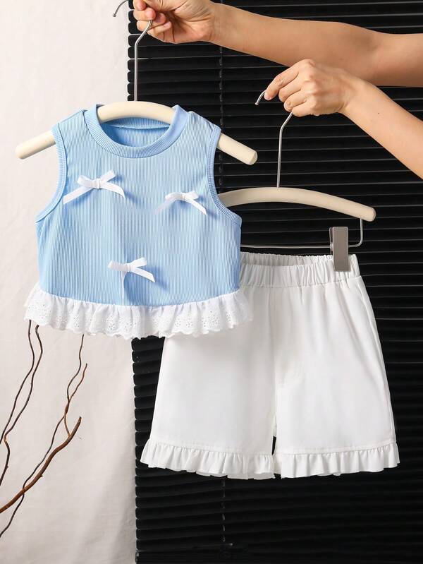 Girls Toddler Bowknot Patchwork Sleeveless Top + Ruffle Hem Shorts Set, Korean Sweet Style For Parties & Gatherings, Summer