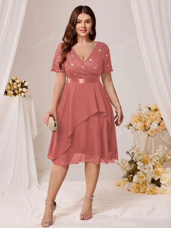 Vestido de fiesta de noche de estilo columpio con cuello en V con contrastes de encaje de flores con lentejuelas y doble capa de gasa, elegante vestido de fiesta, graduación y boda para invitados, para cumpleaños, graduación y baile de bienvenida