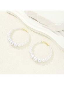 1pc Fashion Statement Pearl Hoop Earrings – Oversized Circular Hoops With Lustrous Graduated Faux Pearls, Comfortable For Long Wear, Ideal For Special Events, Weddings, Parties, Photoshoots – Secure Closure, Timeless Gift For Women & Girls, Elegant Jewelry That Adds Sophistication & Glamour To Any Outfit - 彩色 - 查看 5
