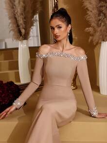 Đầm ôm sát màu đen dài tay hở vai gợi cảm mới, được làm thủ công, đính cườm và đá quý, thích hợp làm đầm phù dâu thanh lịch, đầm dự tiệc sinh nhật, dạ hội, lễ hội, đầm dạ tiệc trang trọng cho phụ nữ, đầm cưới, đầm mùa xuân. - Màu be - Xem 2