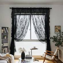 1pc/2pcs French Vintage Embroidered Voile Curtain With Ruffled Edges, Romantic Wavy Design For Cozy Home Decor - Black - View 5