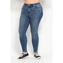 Plus Size High Waist Skinny With Destroy & Shark Bit Hem - Medium - 查看 2