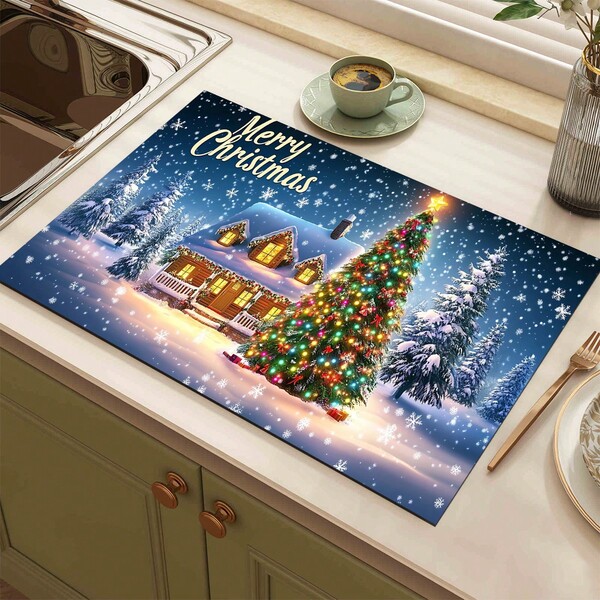 1 Stück Weihnachtsbaum, Schneemann & Schneeflocken bedruckter Silikon Getränkeuntersetzer, rutschfest & super saugfähig waschbarer Abtropfmatte, geeignet für Arbeitsplatten, Küche, Esstische, Feiertags Dekoration