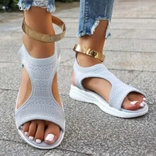 Knitted Sports Sandals, White Thick-Sole Solid Color Bohemian Hollow-Out Casual Ladies Beach Resort Shoes, Summer