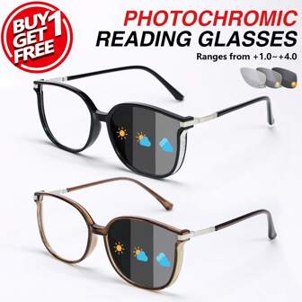 2 件经典时尚老花镜套装，配有变色镜片、闪亮装饰镜框、防滑鼻托、优质金属铰链，时尚减龄的女士老花镜