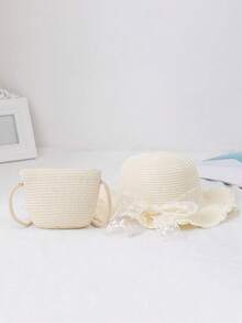 2pcs/Set Kids Straw Hat & Bag Set, Summer Children Sun Protection Hat, Baby Straw Hat And Straw Bag, Cute Wide Brim Woven Sun Hat, Suitable For Kids And Girls - White - View 3