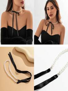 1 Stück elegante schwarze Damen-Schleife Choker-Halskette, Damen Krawatten, Samtband-Wed-Goth-Kette mit Kunstperlen und Schlüsselbein-Design, Y2K-Zubehör