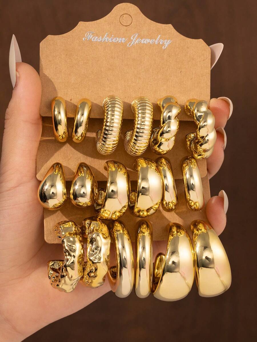 6-18PCS Luxury Gold Thick Twisted C-Shape Teardrop Earring Set, Suitable For Women Fashion Metal Geometric Round Earrings, Personalized Exaggerated CC Earrings Creative Vintage Hoop Earrings Set