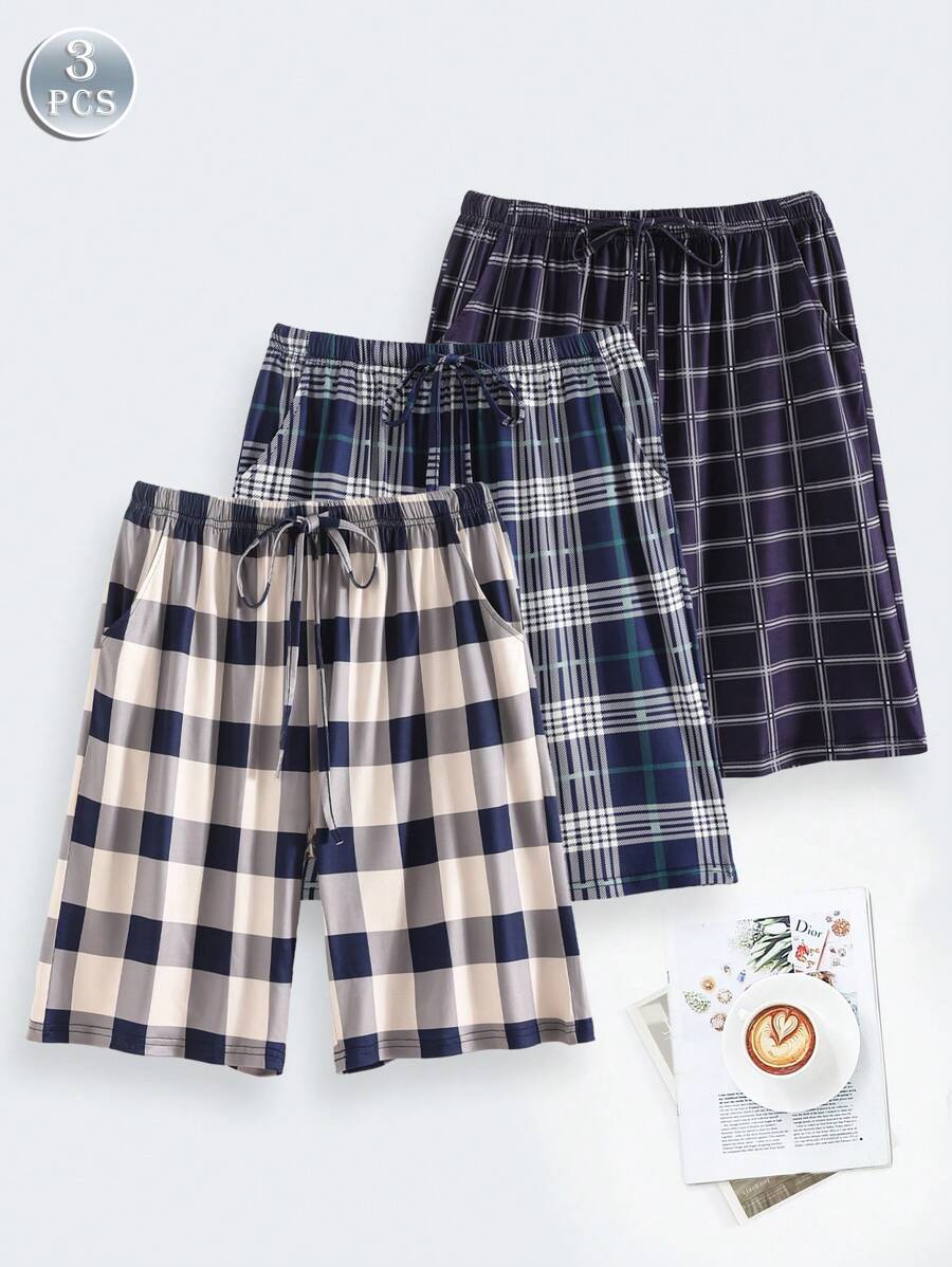 3 szt. męskich szortów w kratę do kolan, regulowany ściągacz, z kieszeniami, męska odzież wypoczynkowa i nocna