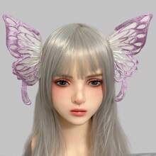 Horquilla gótica con alas de para Cosplay, tocado de demonio, cuernos Harajuku, pinza para el pelo de plumas bordadas, accesorios de Anime - Rosa - Ver 13