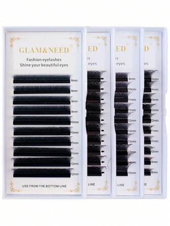 GLAM&NEED 10排D型卷翘自动绽放W型3D/4D/5D/6D/7D/8D/YY/6D貂毛假睫毛/湿睫毛/5D花朵/扁平椭圆/易扇/睫毛嫁接/Jingling/Manyu/Xingyu/Yuyi/Tajian/8D R/U-YY/3D棕色/4D棕色/5D棕色预制扇形假睫毛，快速嫁接，自然柔软，轻盈浓密