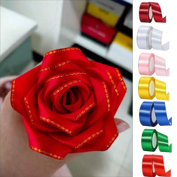 5pcs 4cm Luxury Gold-Edged Satin Ribbon Bow, Silk Ribbon Flower Gift Packaging, Gold Trim Handmade Rose, Suitable For Various Occasions