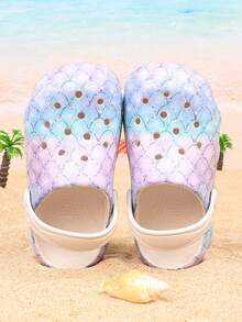 女童可爱卡通木屐，休闲防滑透气一脚蹬软底拖鞋，鱼鳞印花，适合散步凉鞋 - 白色 - 查看 5