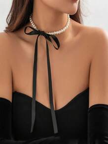 1 Stück elegante schwarze Damen-Schleife Choker-Halskette, Damen Krawatten, Samtband-Wed-Goth-Kette mit Kunstperlen und Schlüsselbein-Design, Y2K-Zubehör