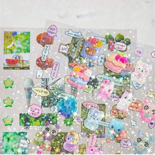10pcs Set Y2K PET Transparent Glitter Film Soda Goldfish Decorative Sticker,School Supplies,Back To School