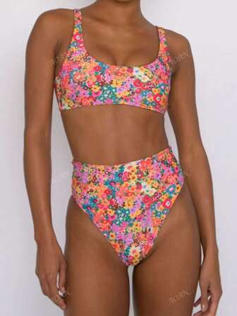 New Floral Soft Padded Adjustable Strap Swimwear Fresh Bikini Set, Women Summer Beach Fashion