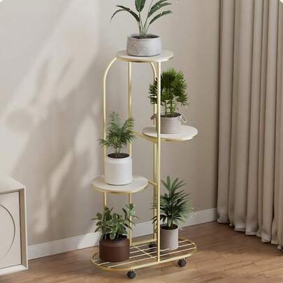 Plant Stand Indoor Corner Metal Plant Shelf, 4 Layers Flower Pot Holder With Wheels Large Modern Planter Stands For Living Room Balcony Office. (Gold)