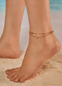 Tropiscape 2pcs Women's Foot Chains, Bohemian Multi-Layer Heart Shaped Anklet, Summer Beach Foot Jewelry Leg Chain Valentines Vacay Vibes Vacation Relax Beach Autumn Winter Gifts - Heart - View 3