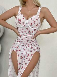 SOFUSEN 2pcs Floral Polka Dot Mesh Ruffle Trim Split Thigh Cami Nightdress Set With Underwire Bra & Thong,Valentine's Day,   Gifts - 白色 - 查看 4