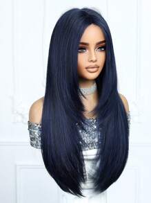 Parrucca lunga 26 pollici di colore blu scuro per donne, capelli sintetici lunghi e lisci tessuti a macchina con riga centrale, parrucca sintetica a onde naturali resistente al calore per uso quotidiano, feste, cosplay e tutti i giorni