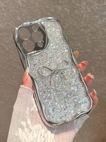 Sequins Shiny Metallic Silver Plated Wavy Bowknot Design Soft Phone Case Compatible With IPhone 16 Pro Max/16/16 Pro/16 Plus/15/15 Pro Max/15 Pro/15 Plus/11/12/13/14 Pro Max/XS/XR/11 Pro/11 Pro Max/12 Pro/12 Pro Max/13 Pro/13 Pro Max/7 Plus/14 Pro/14 Pro Max/14 Plus/7 Plus/8 Plus/8/SE2, Minimalist Creative