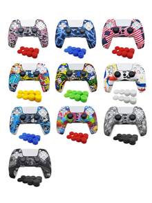1 个 PlayStation 5 控制器保护套 + 8 个操纵杆盖套装，水转印设计，防滑、防刮、防汗、增强游戏抓地力，底部开口设计用于充电底座 - 彩色 - 查看 1