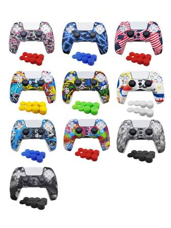 1pc PlayStation 5 Controller Protective Case + 8pcs Joystick Cap Set, Water Transfer Printing Design, Non-Slip, Anti-Scratch, Sweat-Proof, Enhanced Gaming Grip, Bottom Opening Design For Charging Base