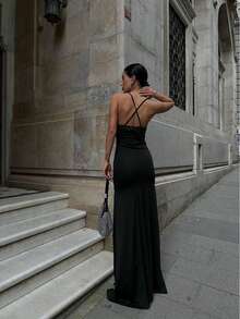 Abito da donna di colore unito, elegante, con schiena scoperta, volant e spacco, adatto per matrimoni, feste formali, eventi serali