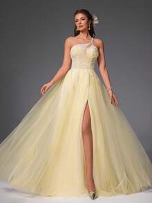 VIPGIRL 优雅黄色不对称领口薄纱长款舞会礼服，高开衩设计，饰以闪亮亮片，适合女士舞会、正式晚宴、婚礼宾客、公主风奢华礼服以及春季派对。 - 黃色 - 查看 6