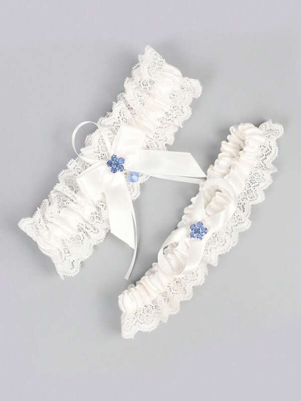 1pc Bride Bowknot Blue Zirconia Garter, 1pc White Lace Flower Decor Suspender, Sexy Leg Decor Leglet Charm, Accessories For Wedding, Party, Cosplay